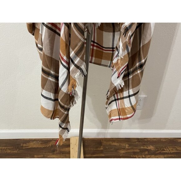 Maurices Womens 1X Open Blouse Plaid Fringe Roll Tab Sleeves - Picture 3 of 11